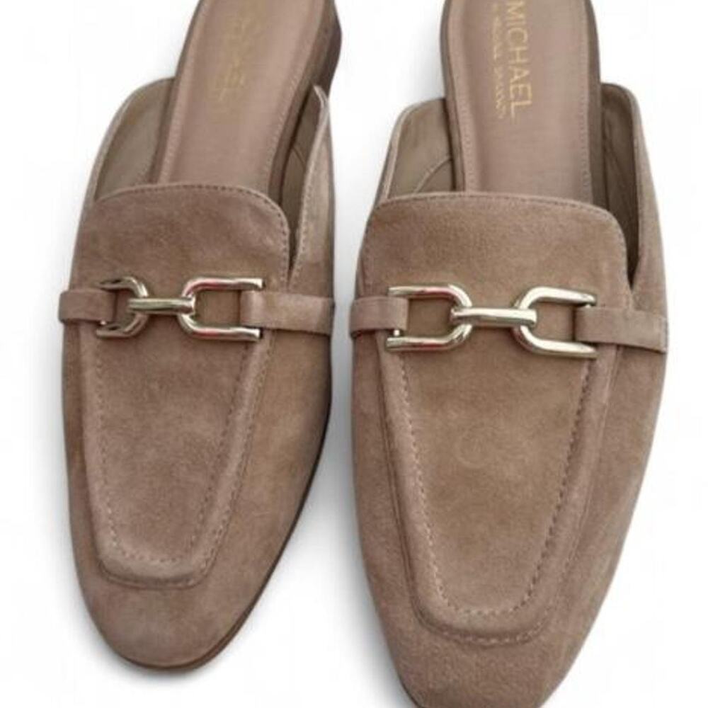 MICHAEL Michael Kors Tiffanie Suede Mules in a soft, sandy tan, size 9